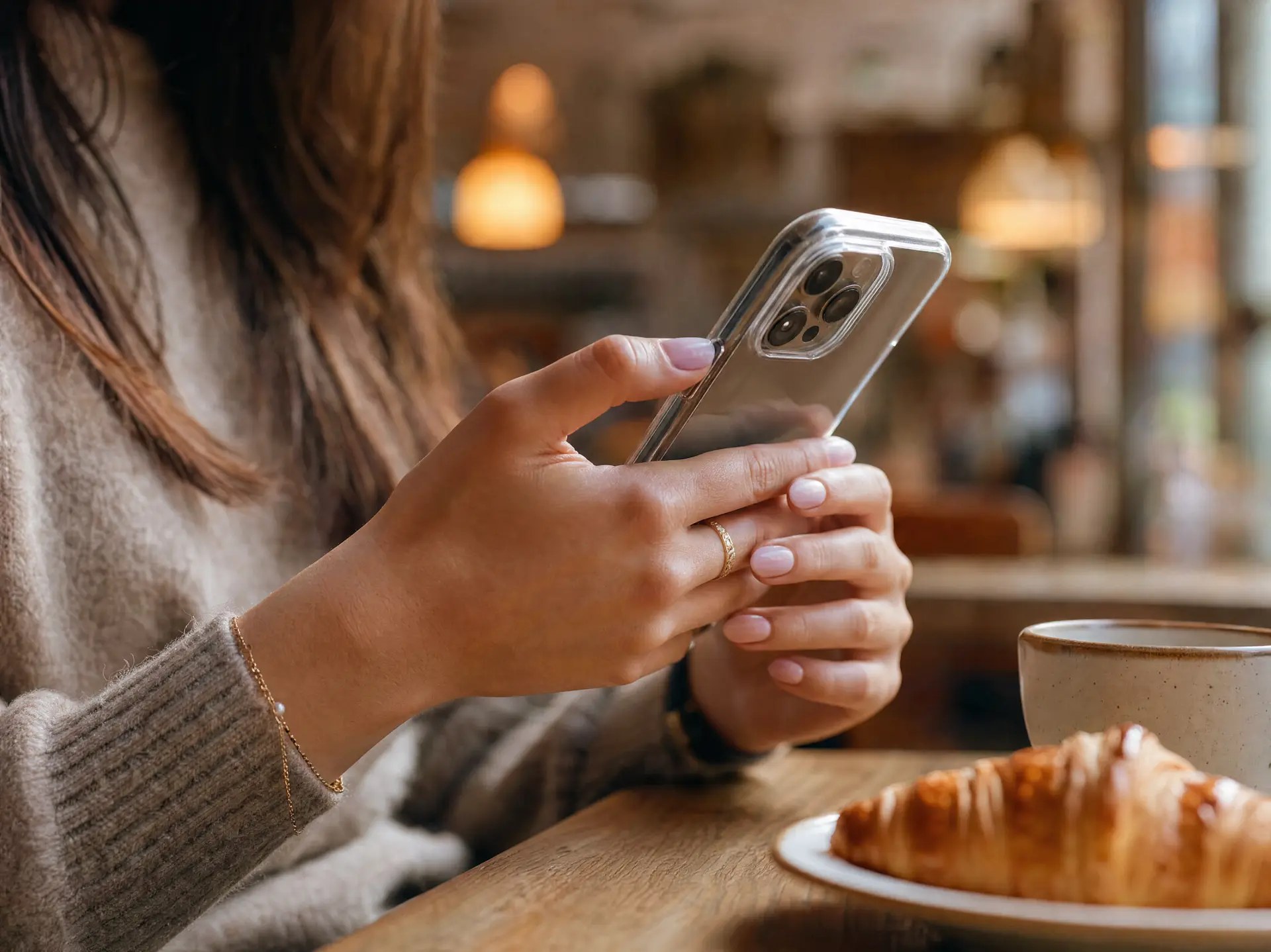 Hand with gold rings holding a smartphone in a sunlit room