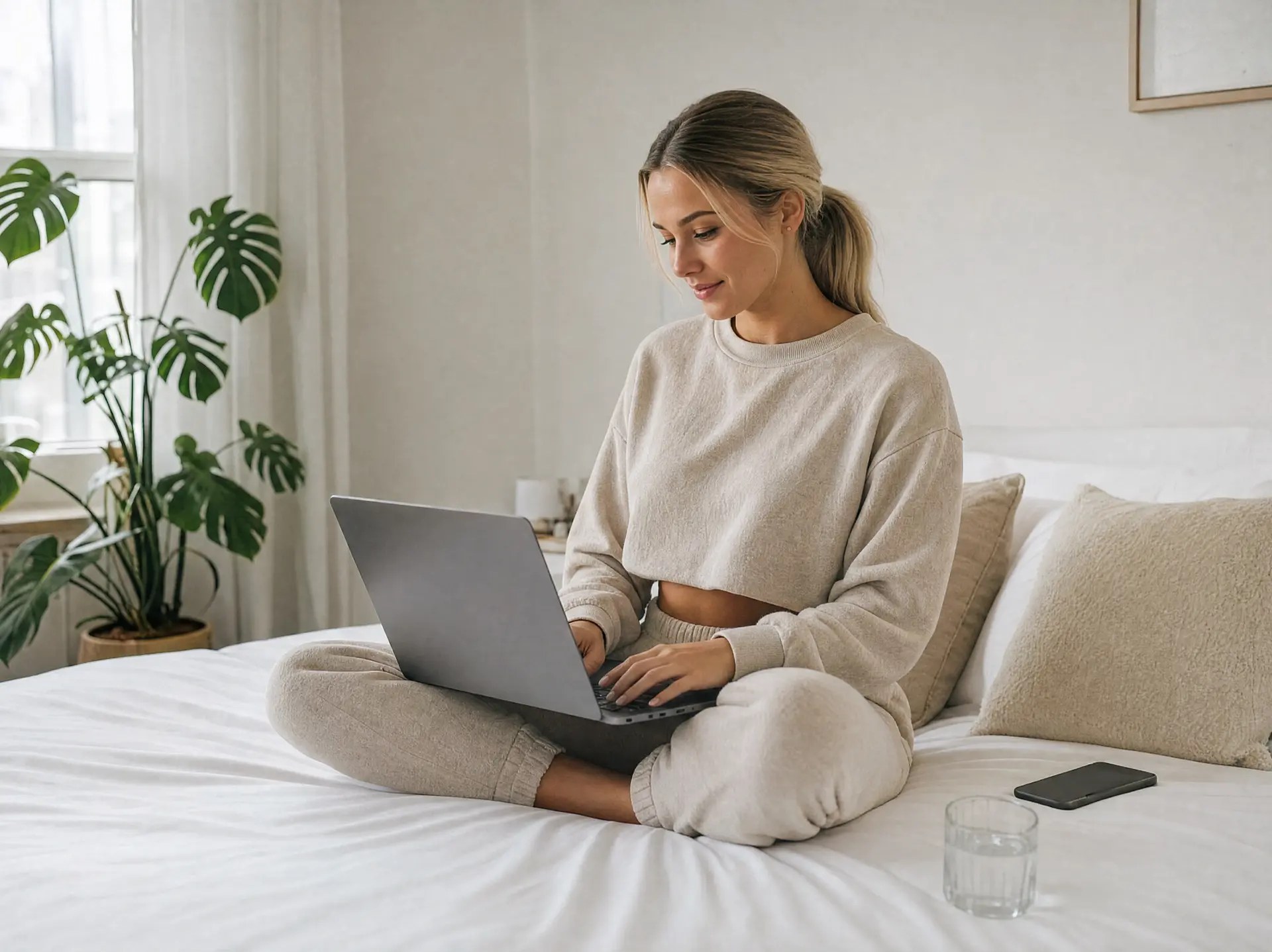 Woman smiling at her phone on a sofa in warm afternoon light