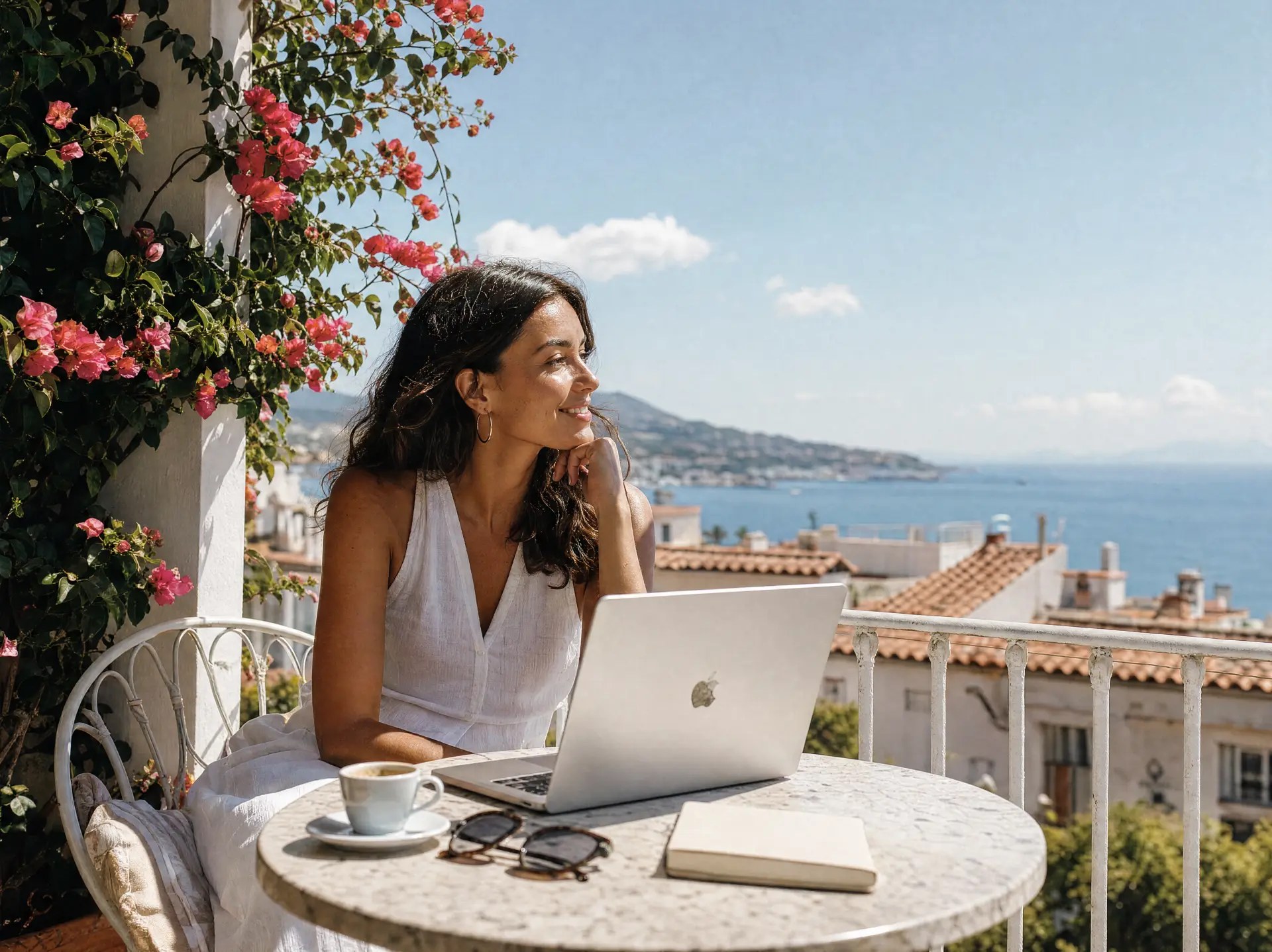 Woman working from a sunny cafe terrace with a laptop