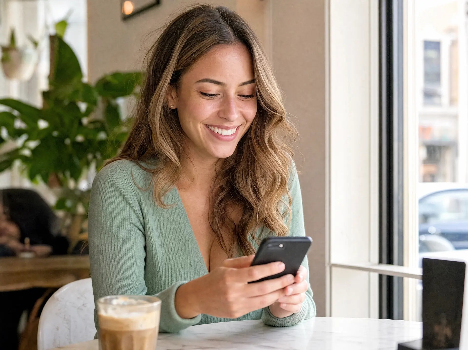 Young woman smiling at a message on her phone
