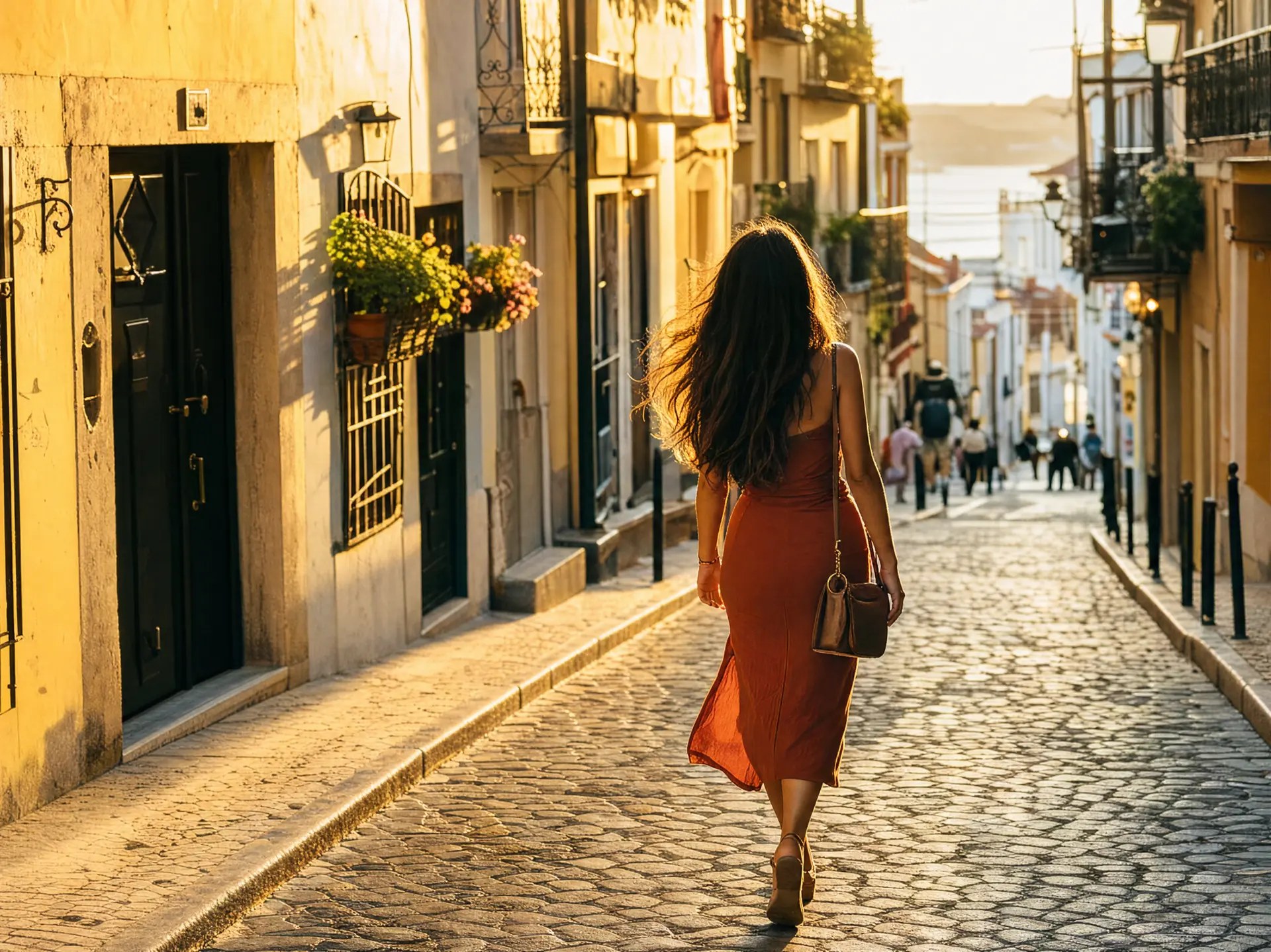Sunlit European old-town street in summer