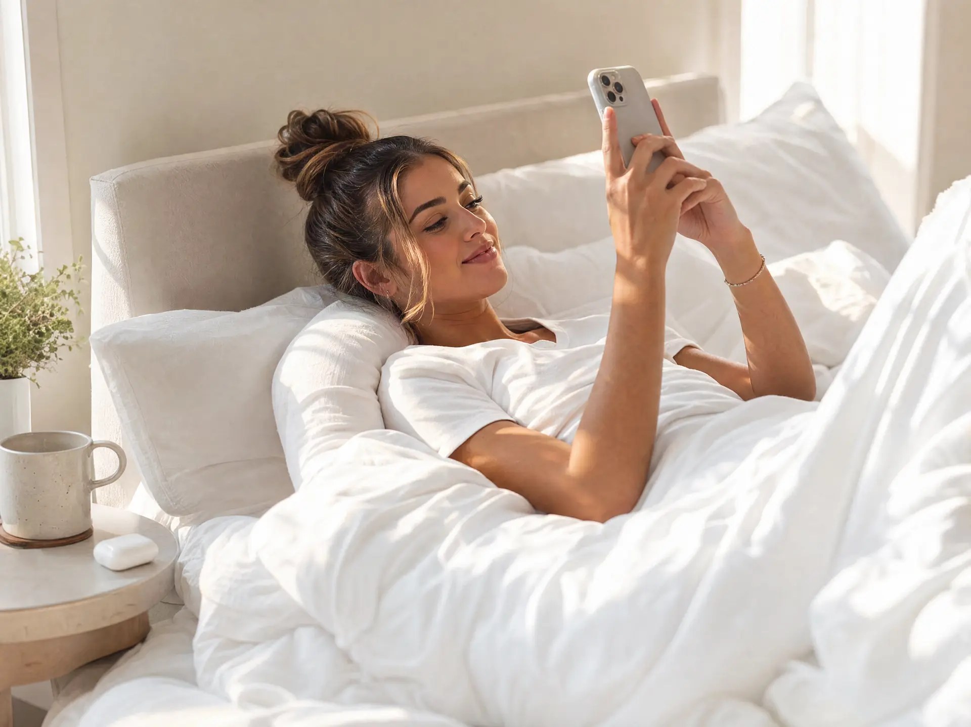 Woman stretching in bed in the morning with a coffee